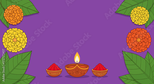 A festive Indian illustration with a lit diya lamp, marigold flowers, and mango leaves on a purple background.