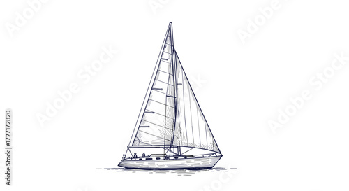A detailed sketch of a sailboat with its sails fully extended against a clear sky.