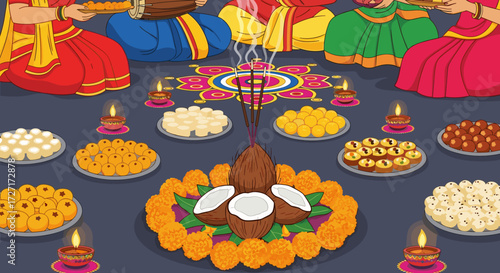 A vibrant Indian festival scene with offerings of sweets, fruits, and lamps arranged around a central coconut and incense.