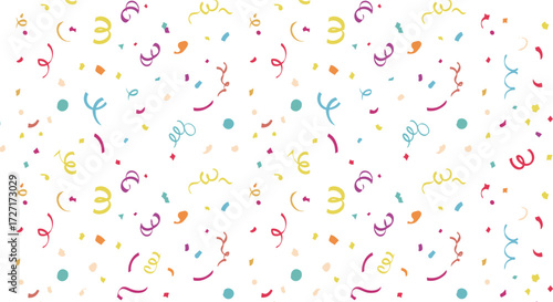 A cheerful and festive background pattern filled with colorful confetti and streamers for celebrations and parties.