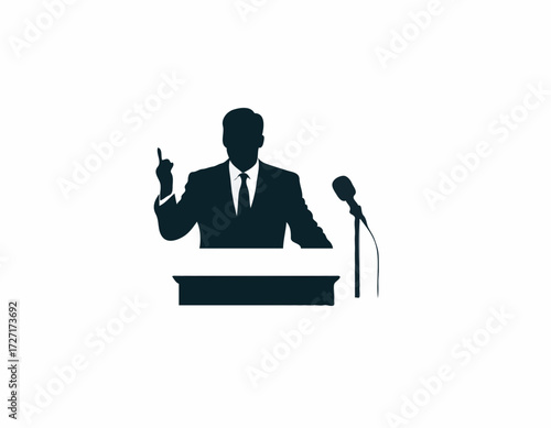 silhouette of the politician before a microphone white background