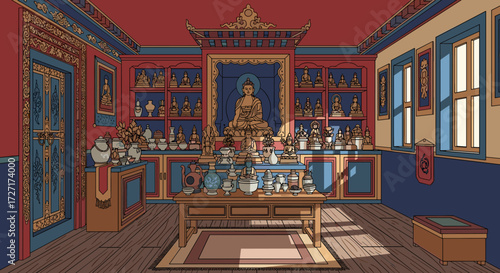 An ornate room filled with Buddhist statues and artifacts, bathed in sunlight.