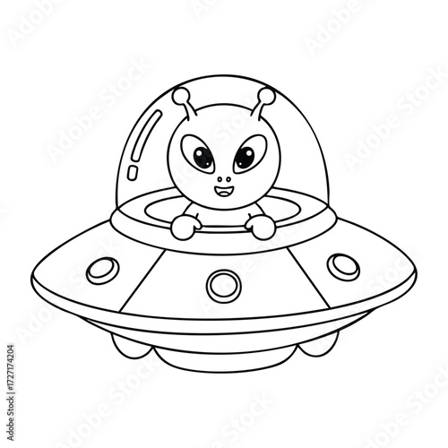 A cheerful alien character piloting a spaceship with a transparent dome, showcasing a whimsical design and playful features.