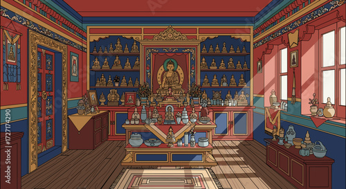 Interior view of a room with religious artifacts, including a central Buddha statue.
