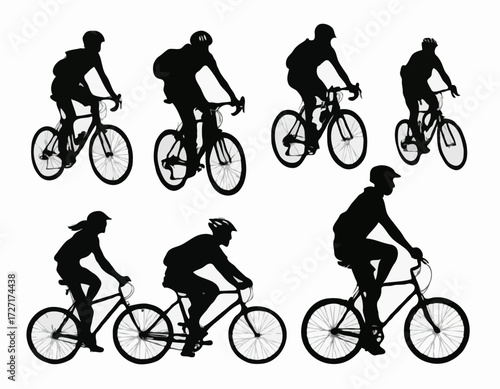 set of silhouette bicycle riders