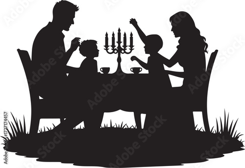Family silhouette at a table with candelabra and cups