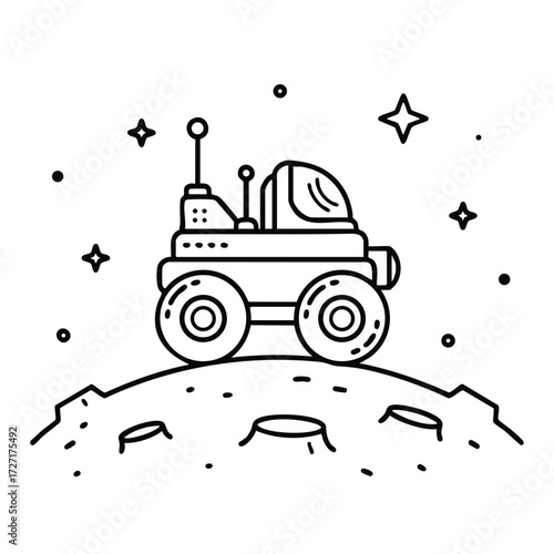 A futuristic lunar rover exploring the of the moon amidst a starry cosmic backdrop and craters.