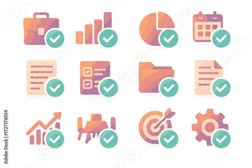 Business Loan Icon Set. Business Loan Approvals set of icons in gradient flat : approval with briefcase, approval with bar chart, approval with pie