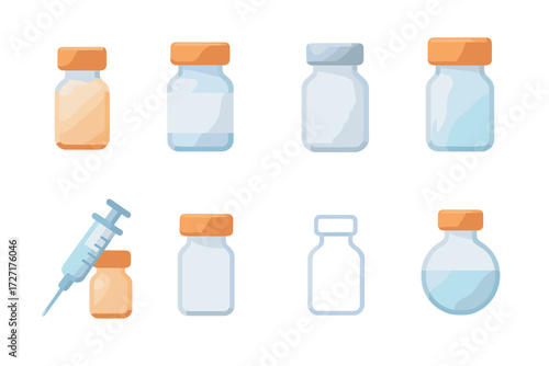 Medical equipment flat icon set. featuring vials, syringe, medicine bottle, and ampoule symbols