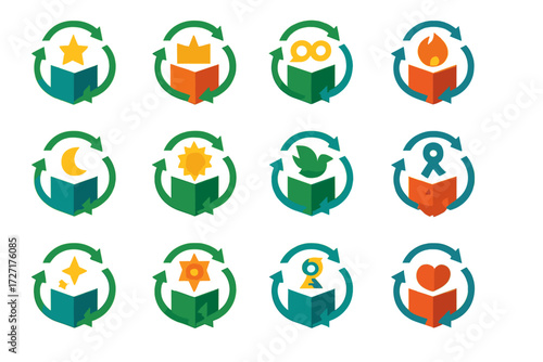 Nature and energy flat icon set. includes star, crown, glasses, fire, moon, sun, bird icons