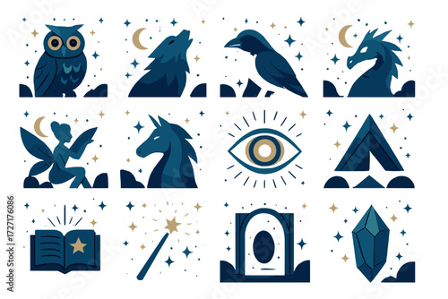 Mystical Midnight Icons. Mystical Midnight Sky set of icons in abstract flat : midnight sky with owl, midnight sky with wolf, midnight sky with raven