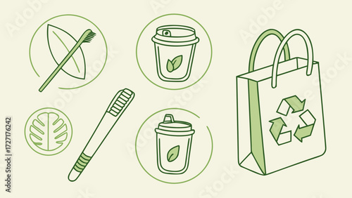 Eco-Friendly Product Icons Sustainable Toothbrush, Cups, Pen, and Reusable Bag Illustration