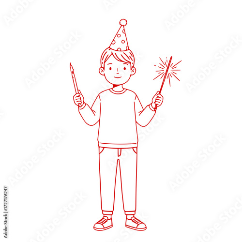 Happy boy celebrating birthday with party hat and sparklers - birthday boy holding sparkler vector 