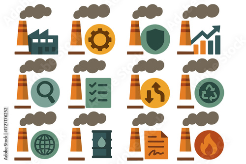 Industrial Icon Set. Functional Smokestacks set of icons in abstract flat : smokestack with factory, smokestack with gear, smokestack with shield,