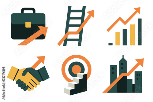 Business growth silhouette icon set. featuring briefcase, ladder, graph, handshake, target, and building symbols