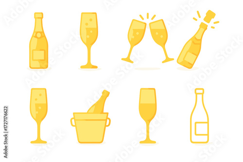 Champagne Icon Set. Basic Champagne set of icons in gradient flat : champagne bottle, champagne glass, two clinking glasses, bottle with popping cork,