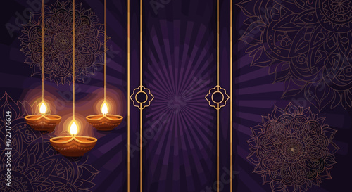 Elegant Diwali background with hanging lamps, intricate patterns, and a radiant purple backdrop.