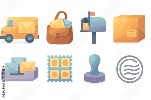 Postal Service Icons. Delivery & Sorting set of icons in gradient flat : mail truck side view, mail carrier satchel with envelopes, roadside mailbox