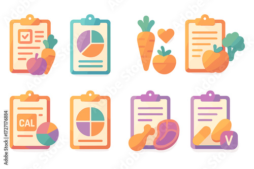 Diet and nutrition flat icons set. featuring checklist, charts, carrots, apple, broccoli, calories, meat, vitamins