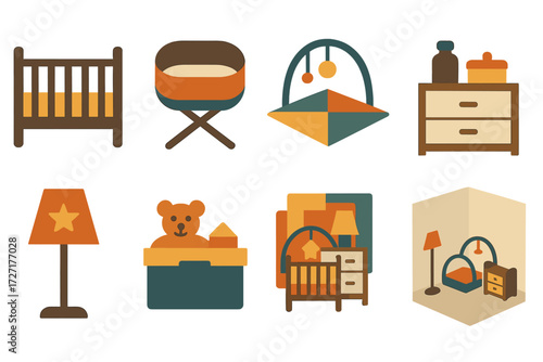 Nursery Icons. Nursery Variations set of icons in abstract flat : single crib, bassinet, floor play mat, small dresser with baby items, lamp with