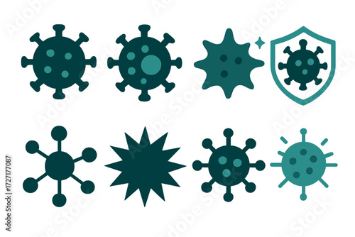 Virus Icons. Virus Icon set of icons in abstract flat : round virus shape with spikes, virus with nucleus core, abstract germ blob, virus with