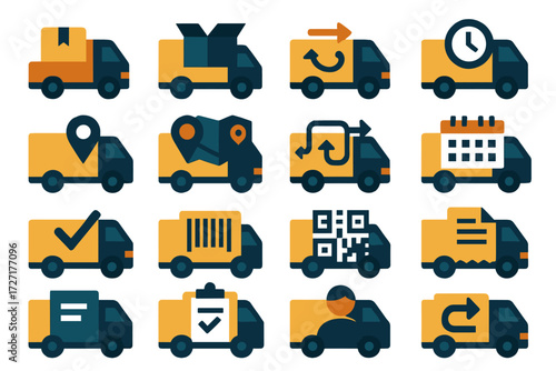 Logistics flat icon set. featuring trucks, delivery, location, barcode, qr code, email, map, and calendar symbols