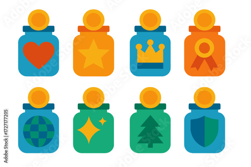 Symbolic Savings Jars. Symbolic Savings Jars set of icons in abstract flat : savings jar with heart, savings jar with star, savings jar with crown,