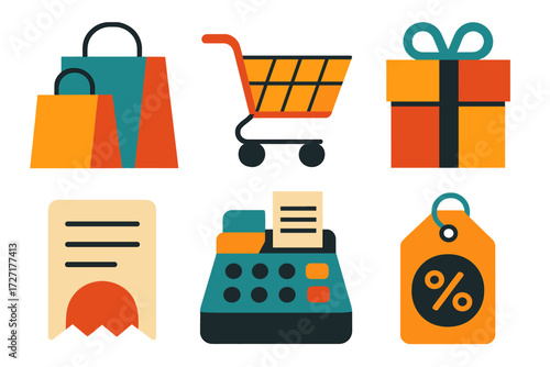 Shopping Icon Set. Basic Shopping Spree set of icons in abstract flat : shopping bags, shopping cart, gift box, receipt, cash register, discount tag.