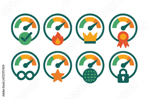Efficiency Icons. Efficiency Indicators set of icons in abstract flat : energy meter with check mark, energy meter with flame, energy meter with