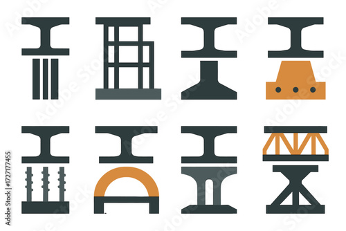 Steel Beam Icons. Structural & Support set of icons in abstract flat : steel beam with column, steel beam with building frame, steel beam with