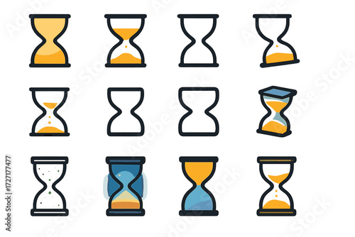 Hourglass Icon Set. Hourglass Basics set of icons in abstract flat : simple hourglass, filled hourglass, empty hourglass, tilted hourglass, sand