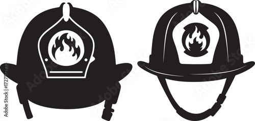 Two firefighter helmets shown in black and white silhouette style