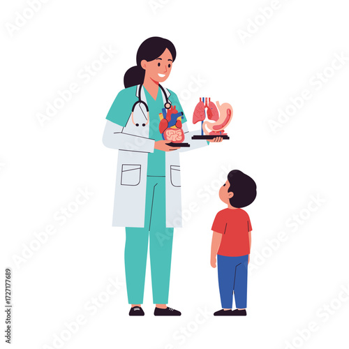 Doctor Explains Human Anatomy to Child in Classroom Setting, Illustration, Informative Environment