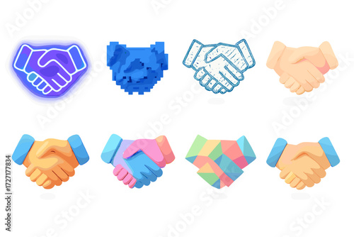 Diverse Trust Icon Collection. Creative Styles set of icons in gradient flat : neon glowing trust building, pixel art trust building, hand-drawn