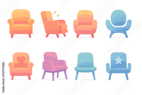 Furniture silhouette icon set. featuring armchair, recliner, cushion, and stylish seating symbols