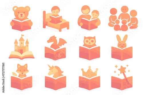 Storytime Icons Set. Children’s Storytime set of icons in gradient flat : teddy bear with book, child on bed reading, parent reading to child, group