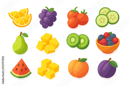 Fruit and Veggie Icons. Fruit & Veggie Snacks set of icons in gradient flat : orange wedges, grapes, cherry tomatoes, cucumber slices, pear, pineapple
