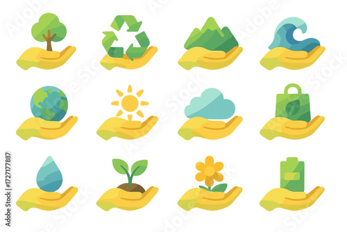 Eco Compassion Icons. Eco Compassion Icons set of icons in gradient flat : compassion with tree, compassion with recycle symbol, compassion with