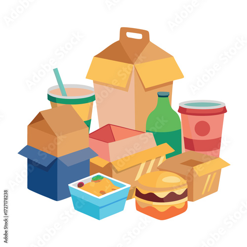 Fast food packaging set illustration with paper boxes, cardboard containers, juice carton, and takeaway cups with straws, colorful vector design on white background