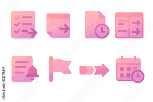 Gradient Task Icons. Task Follow-Up set of icons in gradient flat : checklist with arrow, sticky note with arrow, file with clock, task board with