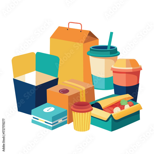 Fast food packaging set illustration with paper boxes, cardboard containers, juice carton, and takeaway cups with straws, colorful vector design on white background