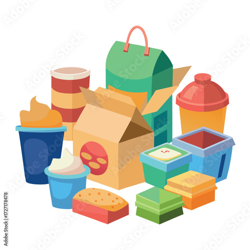 Fast food packaging set illustration with paper boxes, cardboard containers, juice carton, and takeaway cups with straws, colorful vector design on white background