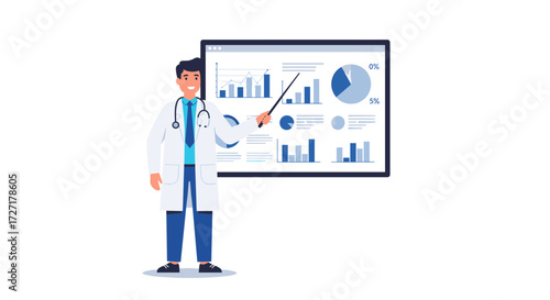 Doctor Presenting Data Insights on Healthcare Trends in a Professional Setting with Charts and Graphs