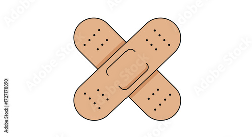 Two beige adhesive bandages crossed with circular holes, symbolizing first aid, minor injuries, or simple wound care on a white background