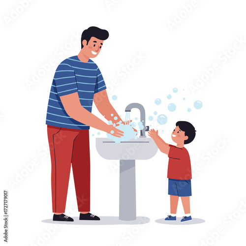 Father and Son Enjoying Soap Bubbles While Washing Hands at Home, Parenting, Family Time, Cheerful Atmosphere