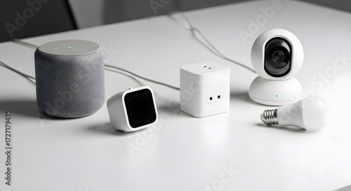 Smart home devices on a clean white table, showcasing modern technology.