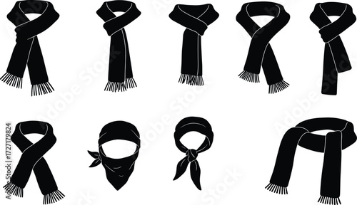 Scarf knot styles, winter scarf tying, fashion accessories, neck warmer illustration, bandana wrap, clothing design, vector set, black silhouette