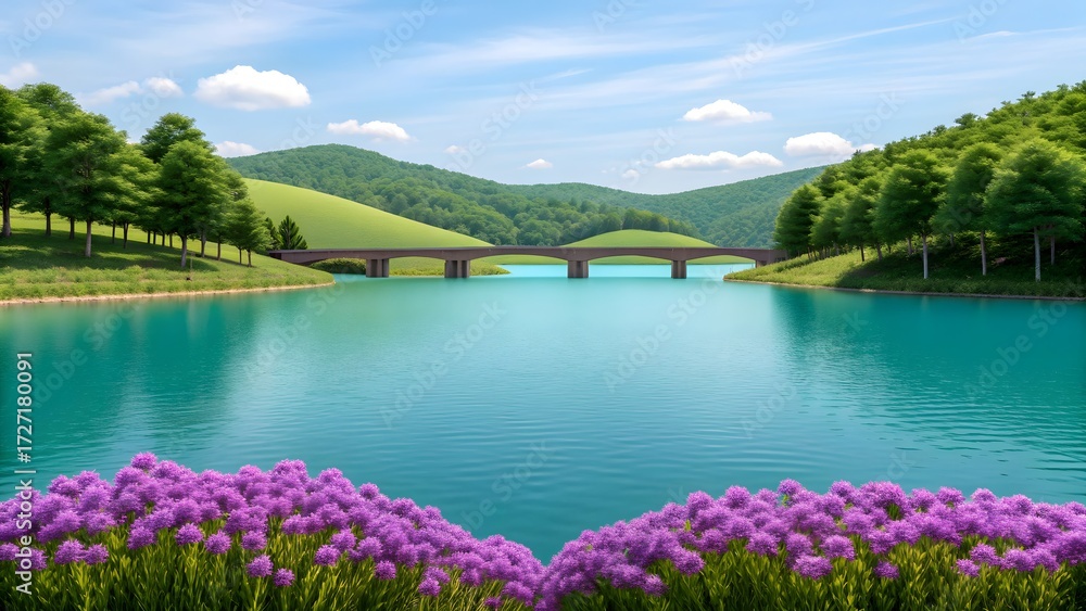 Fototapeta premium Serene lake with bridge and vibrant flowers
