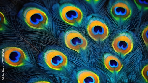 Close-up of vibrant peacock feathers showcasing intricate eye patterns with iridescent colors and detailed feather textures in natural lighting