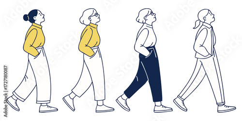 Four diverse women walking forward with a sense of purpose, envisioning a brighter future, stylish and confident in modern fashions